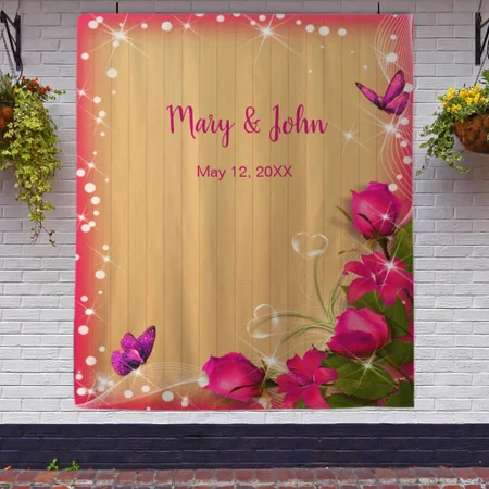 Rustic Wood Pink Floral Butterfly Customized Vinyl Flex Print Backdrop