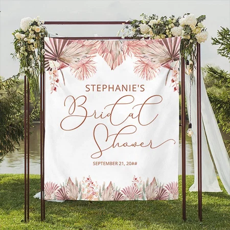 Elegant Calligraphy Dried Palm Boho Bridal Shower Customized Vinyl Flex Print Backdrop