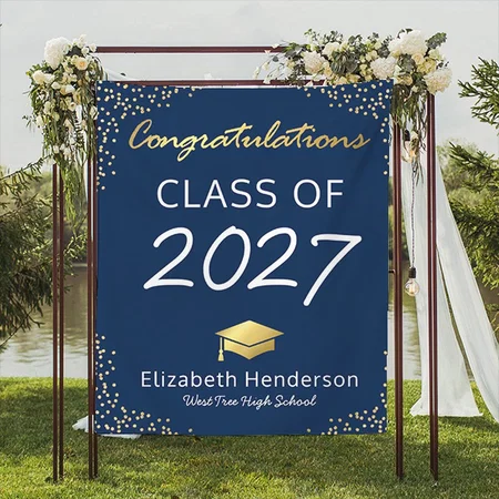 Navy Blue Gold Graduation Party Customized Vinyl Flex Print Backdrop