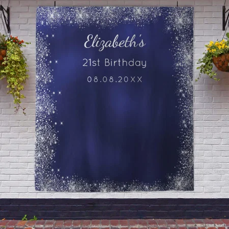 Birthday Navy Bue Silver Glitter Photo Customized Vinyl Flex Print Backdrop