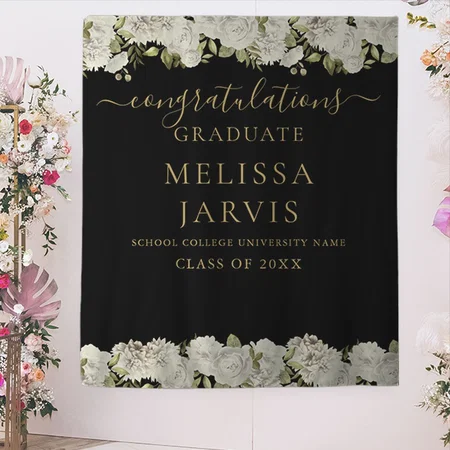 White Floral Gold Script Graduation Customized Vinyl Flex Print Backdrop