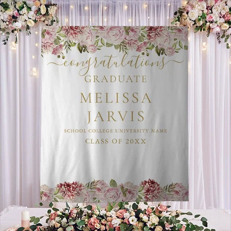 Floral Roses Gold Script Graduation Customized Vinyl Flex Print Backdrop
