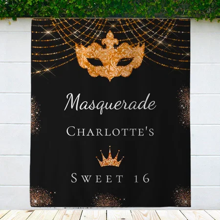 Black Gold Glitter Sweet 16 Birthday  Customized Vinyl Flex Print Backdrop