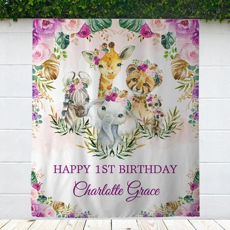 Purple Blush Jungle Safari Animals Happy Birthday Customized Vinyl Flex Print Backdrop