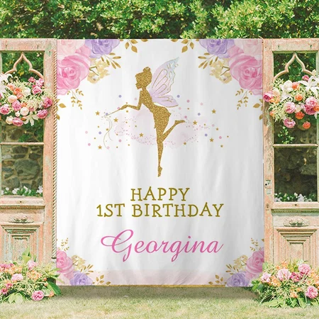 Fairy Birthday Pink Purple Floral Party Customized Vinyl Flex Print Backdrop