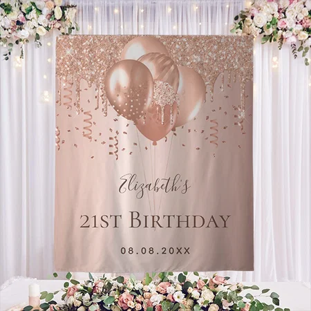 Birthday Rose Gold Glitter Balloons Monogram Customized Vinyl Flex Print Backdrop
