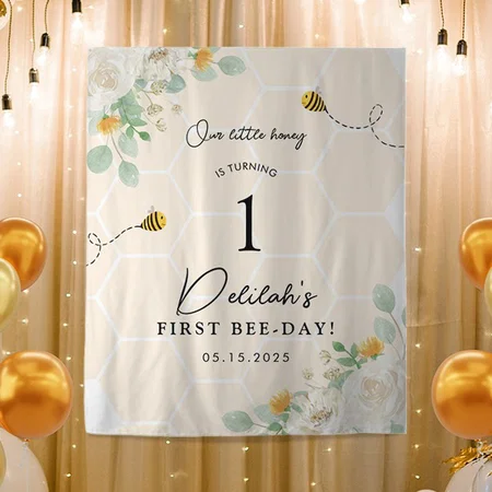 Our Little Honey Bee 1st Birthday Customized Vinyl Flex Print Backdrop