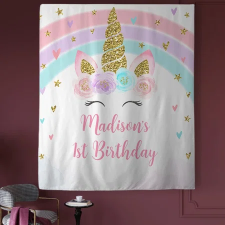 Unicorn Rainbow Pink Gold Birthday Customized Vinyl Flex Print Backdrop
