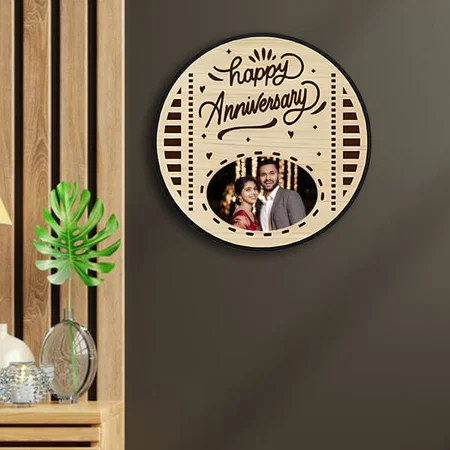 Happy Anniversary Customized Photo Printed Engraved Wooden Wall Hanging Frame - 12 x 12 Inches