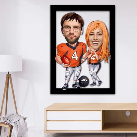 Player Couple Customized Photo Printed Caricature Wall Hanging Frame - 11 x 18 Inches