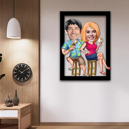 Holiday Couple Customized Photo Printed Caricature Wall Hanging Frame - 11 x 18 Inches