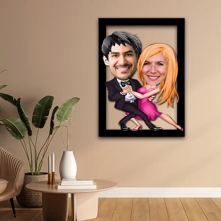 Dancer Couple Customized Photo Printed Caricature Wall Hanging Frame - 11 x 18 Inches
