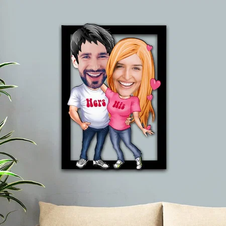 Her & His Couple Customized Photo Printed Caricature Wall Hanging Frame - 11 x 18 Inches