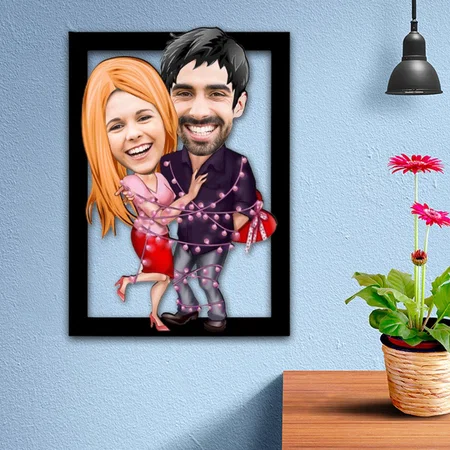 Romantic Couple Customized Photo Printed Caricature Wall Hanging Frame - 11 x 18 Inches