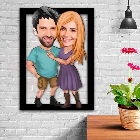 Cool Couple Customized Photo Printed Caricature Wall Hanging Frame - 11 x 18 Inches