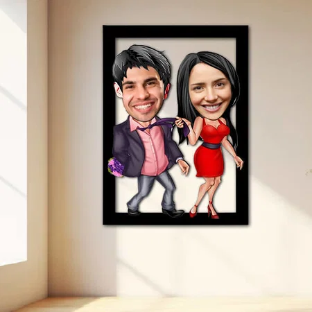 Happy Couple Customized Photo Printed Caricature Wall Hanging Frame - 11 x 18 Inches