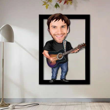 Guitar Musician Cool Guy Customized Photo Printed Caricature Wall Hanging Frame - 11 x 18 Inches