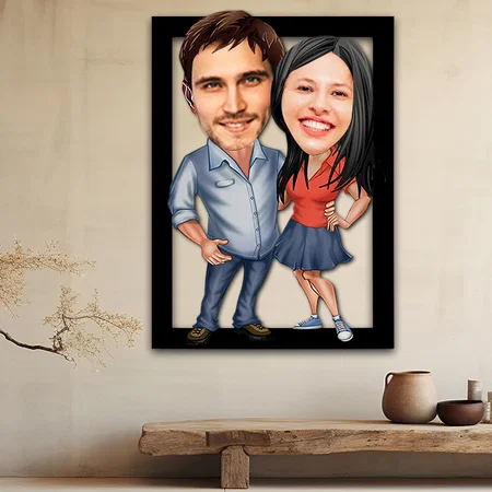 Happy Couple Customized Photo Printed Caricature Wall Hanging Frame - 11 x 18 Inches