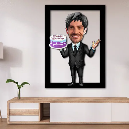 Happy Birthday Customized Photo Printed Caricature Wall Hanging Frame - 11 x 18 Inches