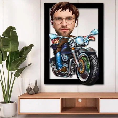 Biker Dude Customized Photo Printed Caricature Wall Hanging Frame - 11 x 18 Inches