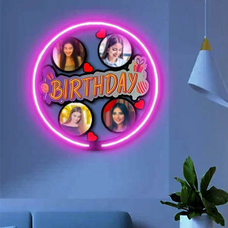 Birthday Collage Customized Photo Printed Wall Neon Hanging Frame - 12 x 12 Inches