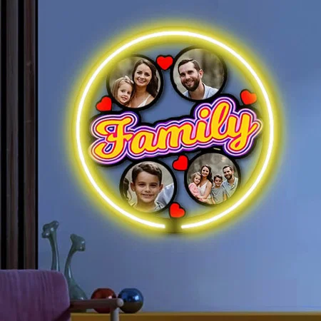 Family Collage Customized Photo Printed Neon Wall Hanging Frame - 12 x 12 Inches