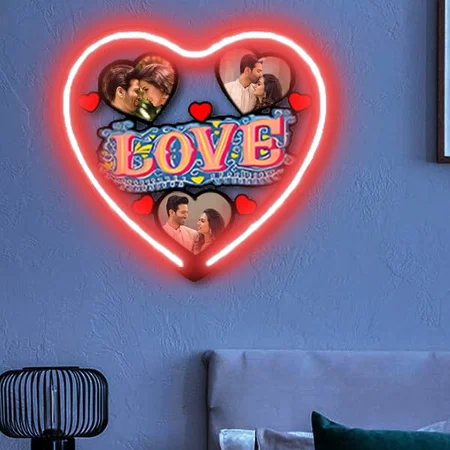 Love Photo Collage Customized Photo Printed Neon Wall Hanging Frame - 12 x 12 Inches