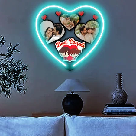 Best Couple Collage Customized Photo Printed Neon Wall Hanging Frame - 12 x 12 Inches