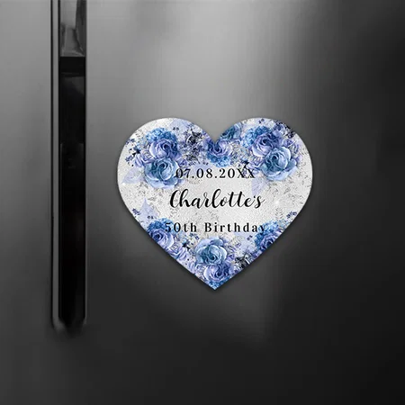 Silver Blue Floral Birthday Customized Printed Photo Fridge Magnet