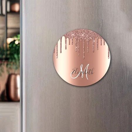 Ombre Glitter Rose Gold Drip Monogram Customized Printed Photo Fridge Magnet