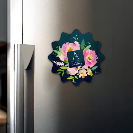 Blush Pink & Navy Floral Bouquet Monogram Customized Printed Photo Fridge Magnet
