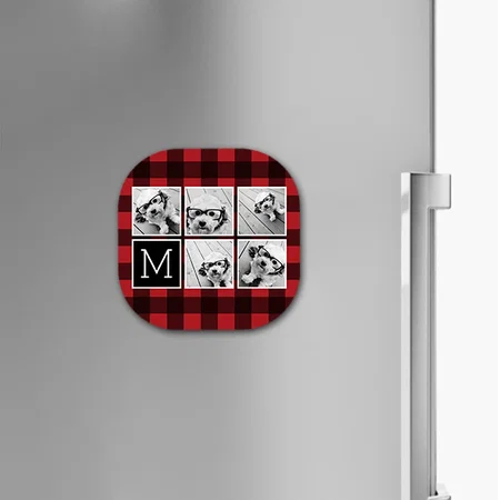 Photo Collage Monogram Red Black Buffalo Plaid Customized Printed Photo Fridge Magnet