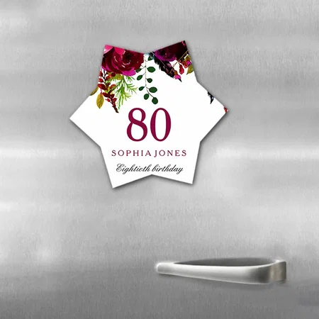 Pink & Burgundy Boho Floral 80th Birthday Customized Printed Photo Fridge Magnet