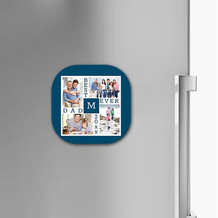 Best Dad Ever 4 Photo Collage Blue White Monogram Customized Printed Photo Fridge Magnet