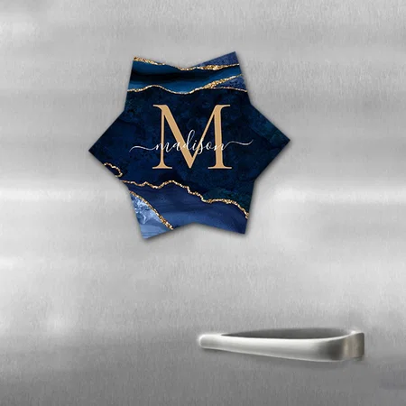 Trendy Navy Blue Gold Sparkle Agate Geode Monogram Customized Printed Photo Fridge Magnet
