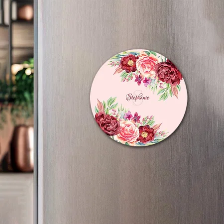 Burgundy Blush Floral Monogram Customized Printed Photo Fridge Magnet