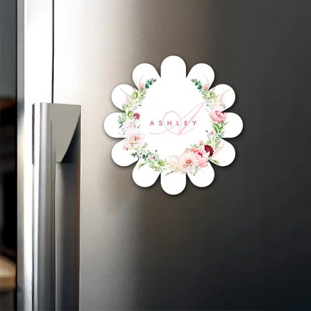 Pink Botanical Rose & Peony Name Monogram Customized Printed Photo Fridge Magnet