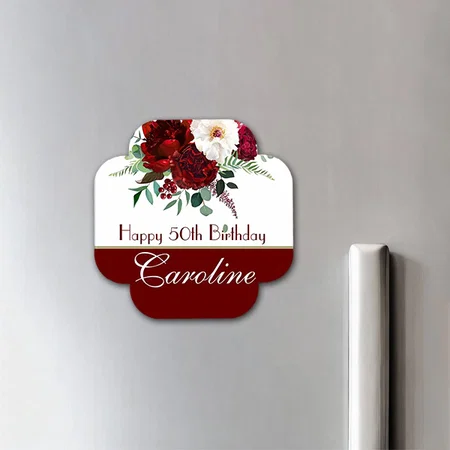 Happy 50th Birthday Red Roses Carnation Eucalyptus Customized Printed Photo Fridge Magnet
