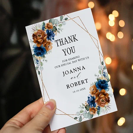 Navy Blue Greenery Geometric Wedding Thank You Customized Printed Greeting Card