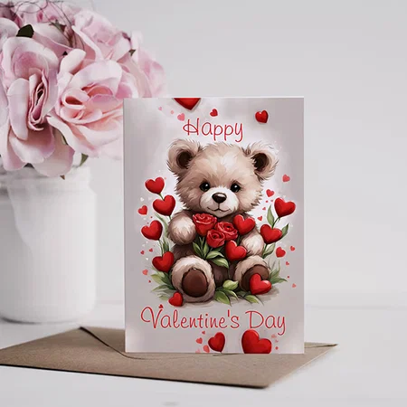 Love Hearts Teddy Bear and Roses Valentines Day Customized Printed Greeting Card