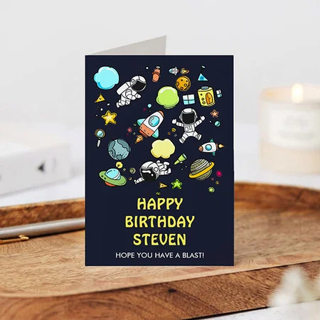 Outer Space Astronauts & Rockets Pattern Birthday Customized Printed Greeting Card