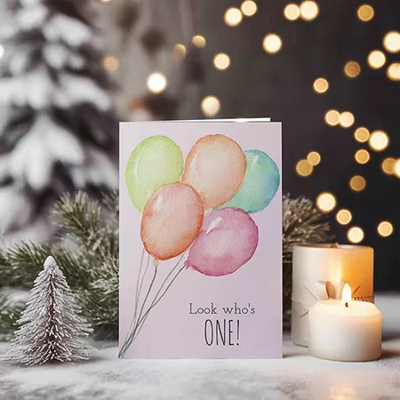 First Birthday Pink Balloons Customized Printed Greeting Card
