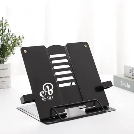 Black Customized Portable Metal Book Stand Holder - Adjustable, Foldable Design for Desktop Use - Ideal for Cookbooks, Textbooks, Sheet Music, and More - Convenient Book Organizer