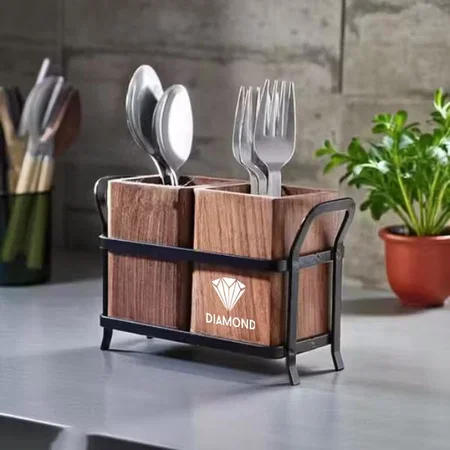 Brown Customized Wooden Cutlery Holder with Metal Stand | Spoon Holder for Kitchen, Fork Organizer for Dining Table, Utensil Holder for Kitchen Counter - 6 x 2 x 12 CM