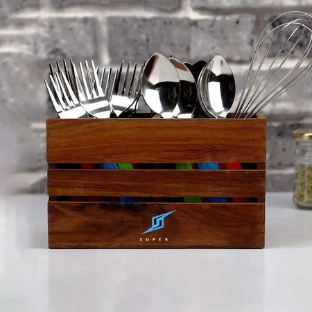 Brown Customized Wooden Multipurpose Cutlery Holder | Spoon Rack | Spoon Stand | Utensils Container | Tableware Holder Rack Stand Organizer - 15.2 x 8.9 x 12.4 CM