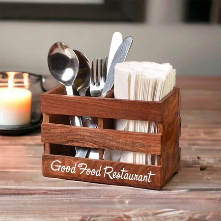 Brown Customized Wooden Spoon Holder Cutlery Rack - Kitchen Tool Organizer - 15.24 x 8.89 x 11.43 CM