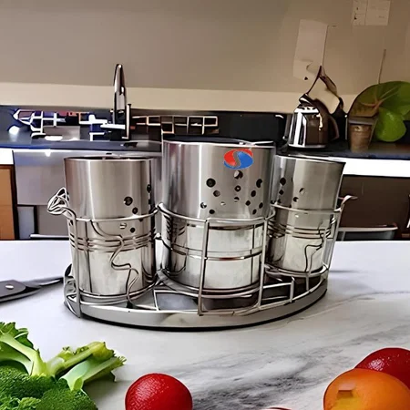 Customized Self Draining Tableware Utensil Storage Box- Spoon,Knife,Fork,Chopstick,Steel Cutlery Holder/Organizer Stand For Kitchen Kitchen Utensil Organizer, 3 Compartments - 22 x 10 x 12 CM