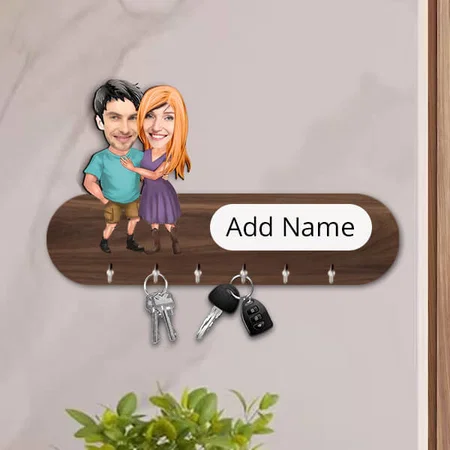 Couple on Holiday Customized Photo Printed Caricature Key Holder - 11 x 7 Inches