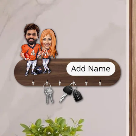 Sports Player Couple Customized Photo Printed Caricature Key Holder - 11 x 7 Inches