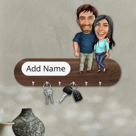 Cool Couple Customized Photo Printed Caricature Key Holder - 11 x 7 Inches